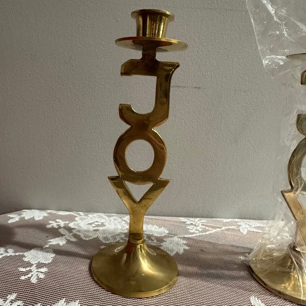 International Silver Co Brass Joy Candle Holders Set of 2 Vintage Christmas‎